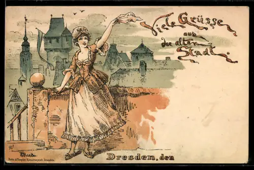 Lithographie Dresden, Frau winkt mit einem Tuch