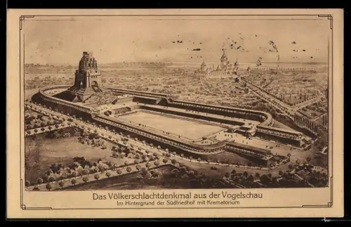 AK Leipzig, Völkerschlachtdenkmal aus der Vogelschau, Südfriedhof und Krematorium