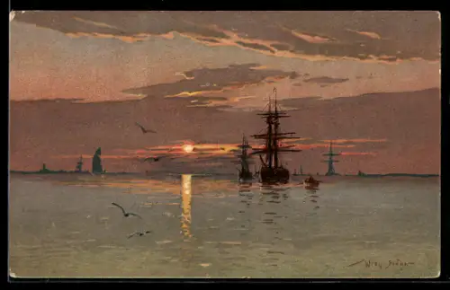 Künstler-AK Willy Stoewer: Segelschiffe im Abendrot vor Borkum