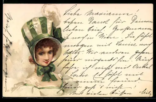 AK Junge Dame mit Biedermeier-Hut und grüner Schleife