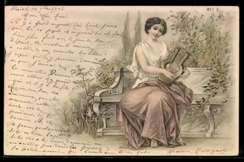 Lithographie antikes Mädchen mit Harfe