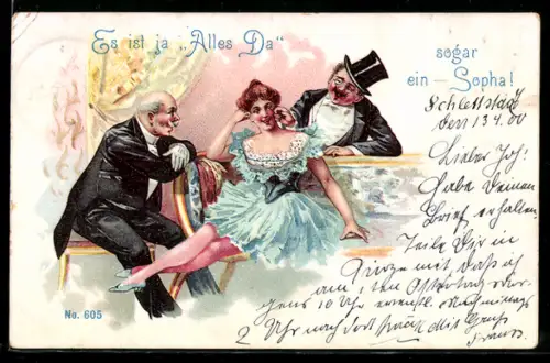 Lithographie Dame wird von zwei Herren umschwärmt