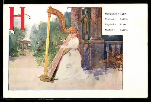 AK Buchstabe H wie Harfe, Mädchen beim Harfenspiel