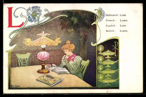 Künstler-AK Buchstabe L - Abbildung und Wort Lampe in verschiedenen Sprachen