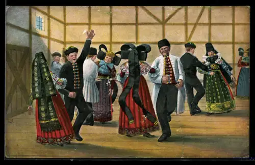AK Achttouriger Tanz von Pärchen in Trachten aus Schaumburg-Lippe