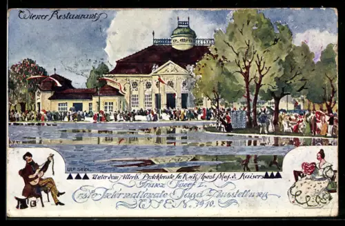 Künstler-AK Ulf Seidl: Wien, 1. Internationale Jagd-Ausstellung 1910, Wiener Restaurant, Mann mit Gitarre