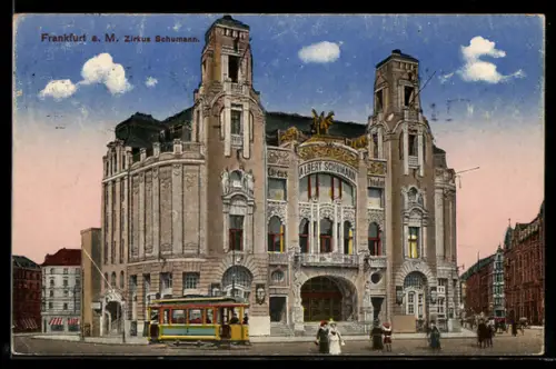 AK Frankfurt /Main, Zirkus Schumann mit Strassenbahn