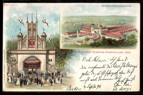 Lithographie Berlin, Gewerbe-Ausstellung 1896, Portsal I und Verwaltungsgebäude, Hauptausstellungsgebäude