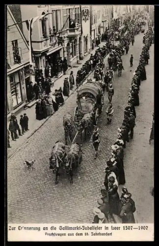 AK Leer, Volksfest Gallimarkt-Jubelfeier 1507-1907, Frachtwagen aus dem 16. Jahrhundert im Festzug