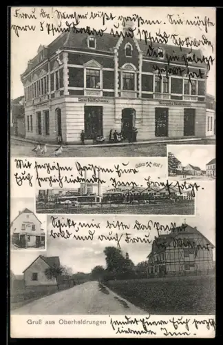 AK Oberheldrungen, Geschäftshaus Hergott & Rindermann, Gasthaus zur Post, Zeche und Ortseingang