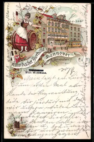 Lithographie Hannover, Gasthaus Kulmbacher Bierhalle in der Bahnhofstrasse mit Strassenbahn