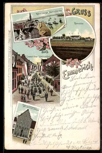 Lithographie Emmerich, Emmericher Schützenfest, Borussia, Blick von der Martinikirche