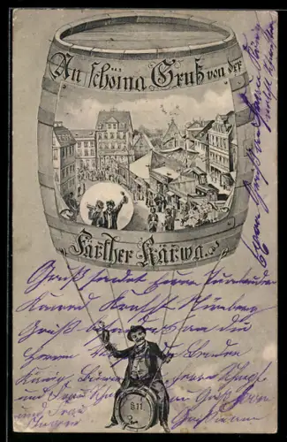 AK Nürnberg, Volksfest Füther Kärwa, fliegender Mann auf einem Fass