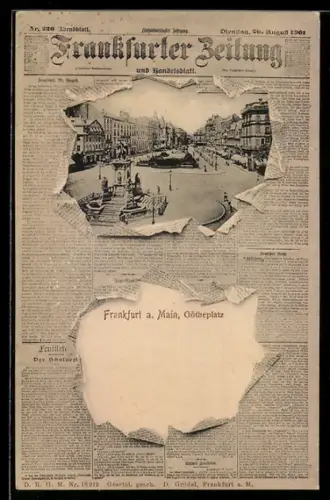 Zeitung-AK Frankfurt a. Main, Götheplatz durch zerrissene Frankfurter Zeitung