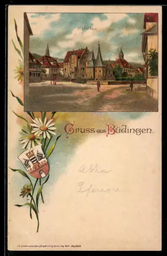 Lithographie Büdingen, Partie am Mühlthor