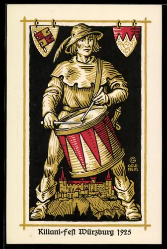 AK Würzburg, Kiliani-Fest 1925, Trommler mit Burg und Wappen
