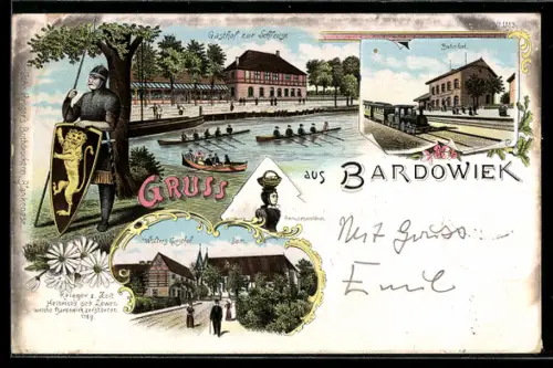 Lithographie Bardowiek, Gasthaus zur Schleuse, Bahnhof, Wolters Gasthaus