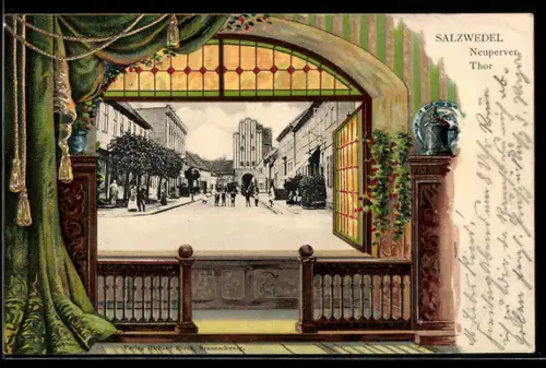 Passepartout-Lithographie Salzwedel, Neuperver Tor mit Strassenpartie