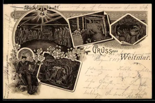 Lithographie Weitmar, Kumpels im Bergwerk, Bergleute bei der Arbeit mit Bohrmaschinen, Förderwagen, Wappen um 1900