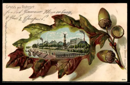 Passepartout-Lithographie Ruhrort, Ortspartie mit Denkmal am Kanal, im Eichenblatt