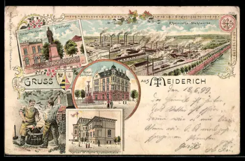 Lithographie Meiderich, Rheinische Stahlwerke, Kaiser Wilhelm Krankenhaus, Krieger-Denkmal