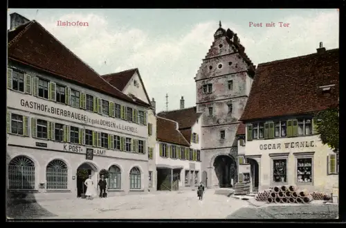 AK Ilshofen, Gasthof & Bierbrauerei z. goldenen Ochsen v. L. Laendle, Geschäft Oscar Wernle, Post mit Tor