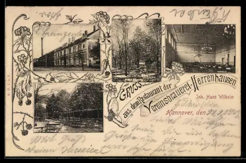 AK Herrenhausen, Restaurant d. Vereinsbrauerei mit Gartenlokal, Aussen- u. Innenansichten