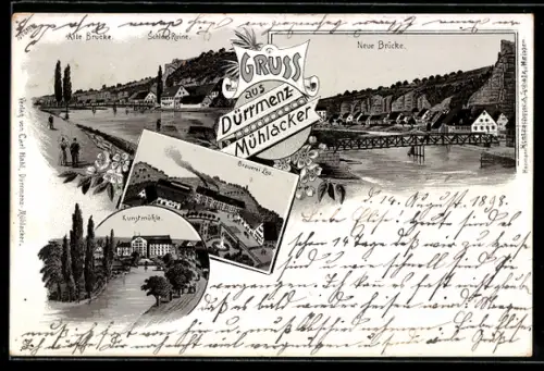 Lithographie Dürrmenz-Mühlacker, Neue Brücke, Schloss Ruine, Brauerei Leo