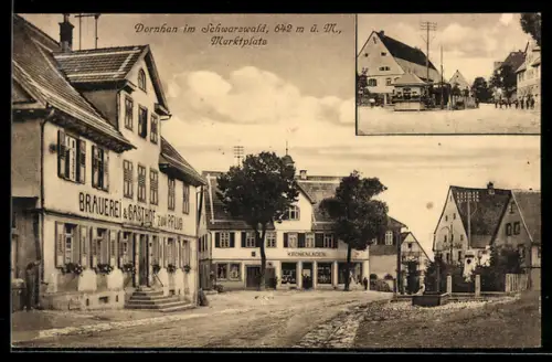 AK Dornhan, Marktplatz mit Brauerei & Gasthaus zum Pflug, Kronenladen