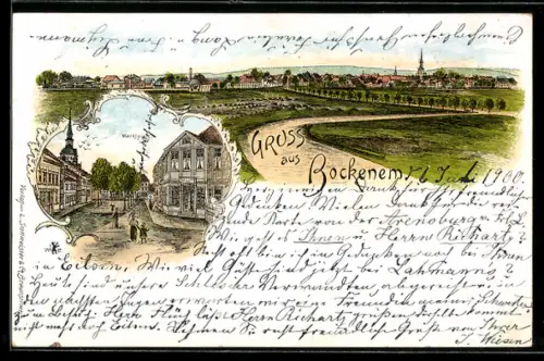 Lithographie Bockenem, Teilansicht, Marktplatz
