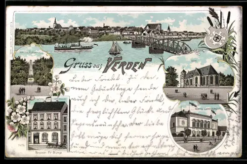 Lithographie Verden, Hotel Germania, Königliches Landgericht, Dom