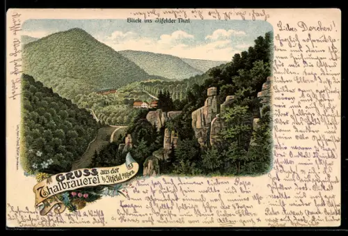 Lithographie Ilfeld, Thalbrauerei, Blick ins Ilfelder Thal