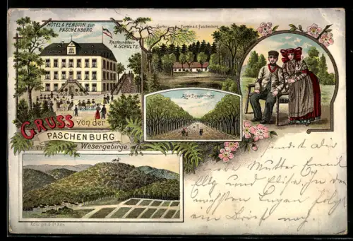 Lithographie Rinteln, Hotel & Pension zur Paschenburg, Ortsansicht, Paar in Tracht