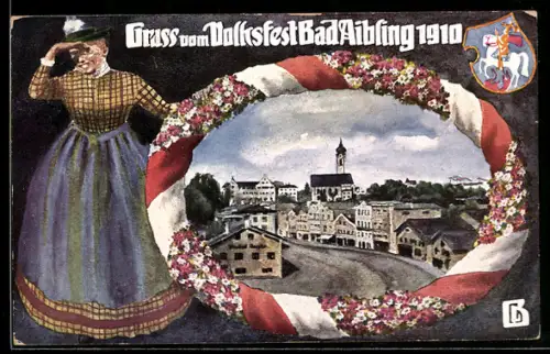 AK Bad Aibling, Volksfest im September 1910, Strassenpartie, Frau in Trachten, Wappen
