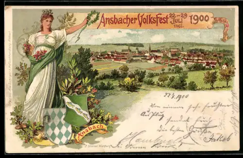AK Ansbach, Ansbacher Volksfest 1900, Panorama, Wappen, Frau mit Kranz