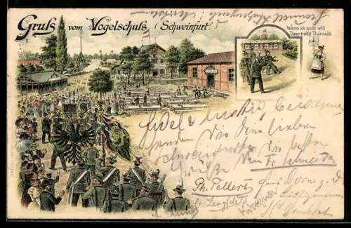 Lithographie Schweinfurt, Vogelshuss, Schützenfest, Schützen mit Reichsadlerfigur