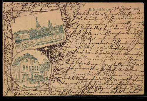 Lithographie Bodenteich, Ortsansicht von oben, A. Brammer's Gasthaus