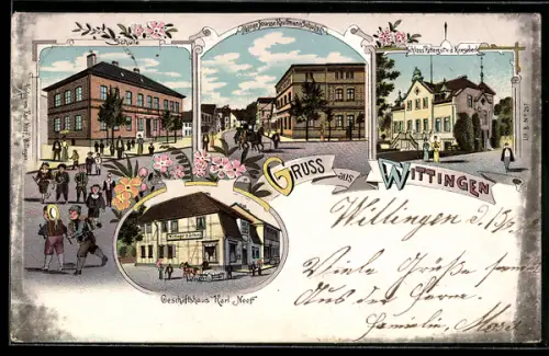 Lithographie Wittingen, Geschäftshaus Karl Neef, Kaufmann Schulz an der Lange Strasse