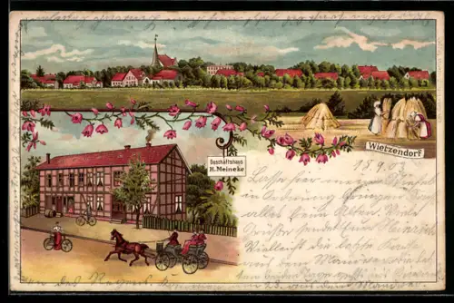 Lithographie Wietzendorf, Geschäftshaus H. Meinecke, Ortsansicht mit Kirche