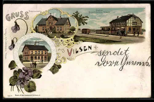 Lithographie Vilsen, Bahnhof Station Bruchhausen-Vilsen, Postamt, Superiendentur