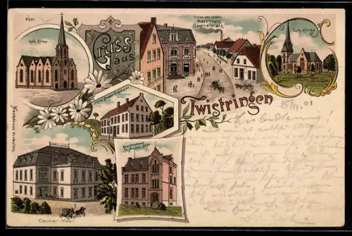 Lithographie Twistringen, Central-Hotel, Luth. Kirche, Kath. Kirche, Krankenhaus St. Marien-Stift
