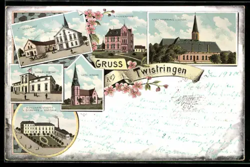 Lithographie Twistringen, Luth. Kirche, Kaiserhof, Postamt, Wollwarenfabrik Syamken u. Bärsag