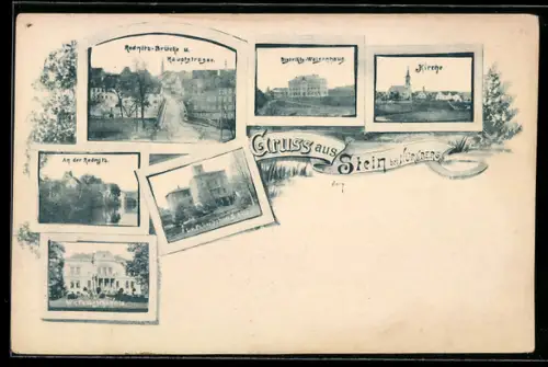 AK Stein bei Nürnberg, W. v. Fabersche Villa, Rednitz-Brücke und Hauptstrasse