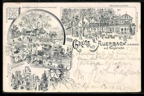 Lithographie Auerbach a. d. Bergstrasse, Hotel zur Krone, Auerbacher Schloss, Blick von der Bensheimer Landstrasse