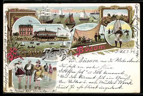 Lithographie Büsum, Wattenläufer, Strandhotel u. Strandhalle