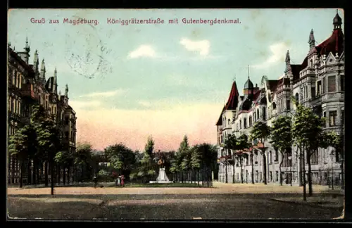 AK Magdeburg, Königgrätzerstrasse mit Gutenbergdenkmal