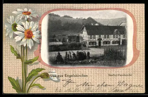 AK Engelskirchen, Gasthof Fassbender im Passepartout mit Margeriten