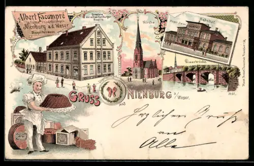 Lithographie Nienburg, Bisquitfabrik Albert Facompre, Bahnhof, Weserbrücke