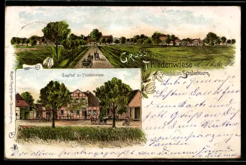 Lithographie Thiedenwiese /Schulenburg, Gasthof zu Thiedenwiese, Ortsansicht mit Landstrasse