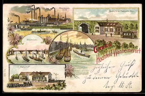 Lithographie Hochfeld-Wanheimerort, Niederrheinische Hütte, Bahnhof und Hafen